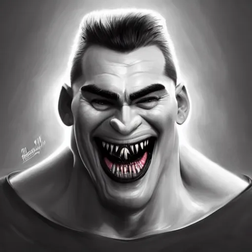 Prompt: Extremely funny face of very manly Gigachad with very big jaws, big eyebrows, smile like trollface jaw tilted on side, painting on grey scale face, powerful , magic, thunders, dramatic lighting, intricate, wild, highly detailed, digital painting, artstation, concept art, smooth, sharp focus, illustration, art by artgerm and greg rutkowski and alphonse mucha, footage
