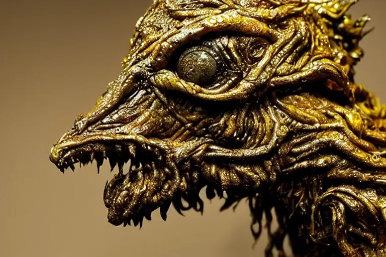 Prompt: photo taken of an epic intricate, ultra detailed, super realistic sculpture of a wet, slimy, nightmarish hellish demonic trllobite creature on display in a workshop, created by weta workshop, zoomed in shots, photorealistic, sharp focus, f 0. 4, face centred, macro photography, golden ratio, golden hour