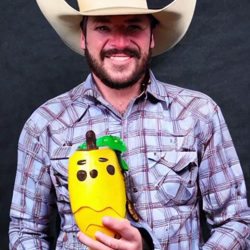 Image similar to gruff cowboy holding a banana like a gun