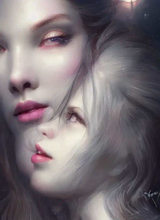 Image similar to of dark fantasy, young beautiful Belle Delphine, close up face portrait, medium shot, intricate, elegant, warm light, highly detailed, digital painting, volumetric light, artstation, concept art, smooth, sharp focus, illustration, art by Gil Elvgren and Adolf Wölfli and bruce pennington