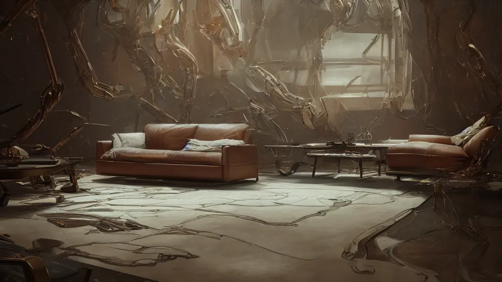 Image similar to a futuristic cozy leather couch, by wlop by jungyeonmin and james jean jhonseru jsezz artstation and greg rutkowski, with some wood and gold details, biomechanical, lens orbs, global illumination, lounge, volumetric lighting, granular detail, japandi, hyperrealist, micro details, blender, vray