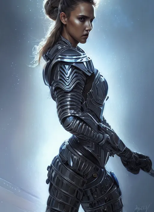 Prompt: portrait of a beautiful female soldier from the future wearing armor, jessica alba, intricate, elegant, glowing lights in armor, highly detailed, digital painting, artstation, glamor pose, concept art, smooth, sharp focus, illustration, epic angle, art by artgerm and greg rutkowski, artey freytag, alvin schwartz