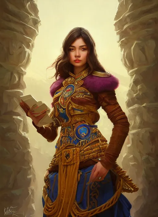 Image similar to portrait of russian mexican asian girl jodhpurs hyperborea lemuria, deep focus, d & d, fantasy, intricate, elegant, highly detailed, digital painting, artstation, concept art, matte, sharp focus, illustration, hearthstone, art by rhads by artgerm and greg rutkowski and alphonse mucha