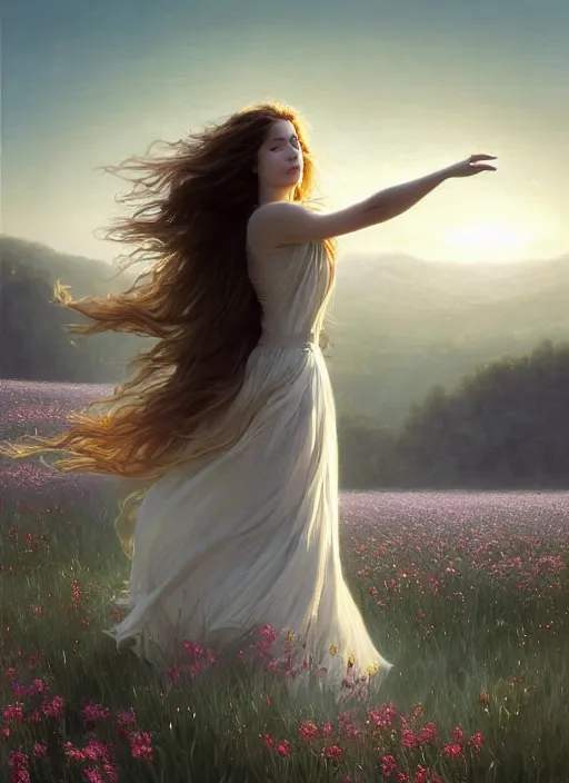 Image similar to oil painting portrait of a young woman with flowers in her long dark flowing hair in a white dress, dancing levitating floating over a field of flowers at sunset with mountains in the background, hazy, digital art, chiaroscuro, artstation, cinematic, golden hour, digital art painting by greg rutkowski, bouguereau, hazy atmosphere, flowers, cinematic lighting