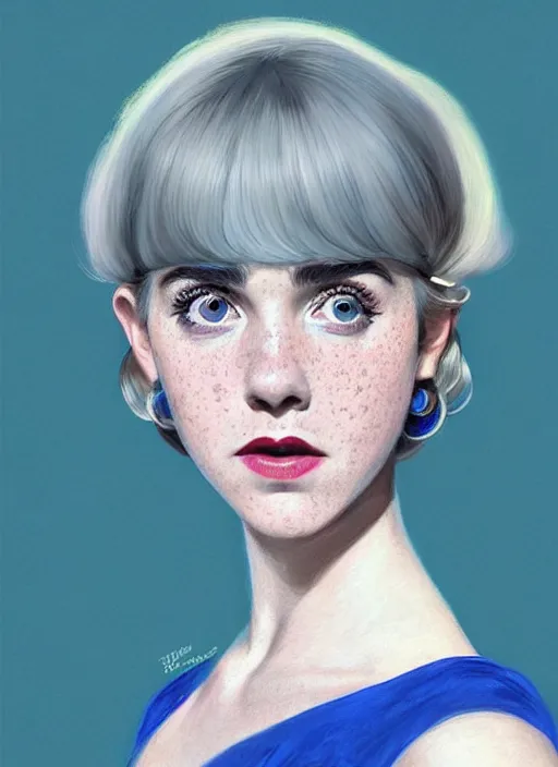 Image similar to portrait of kiernan shipka with freckles, white hair, big 1 9 6 0 s bob hairstyle with bangs and hairband, blue 1 9 6 0 s dress, intricate, elegant, glowing lights, highly detailed, digital painting, artstation, concept art, smooth, sharp focus, illustration, art by wlop, mars ravelo and greg rutkowski