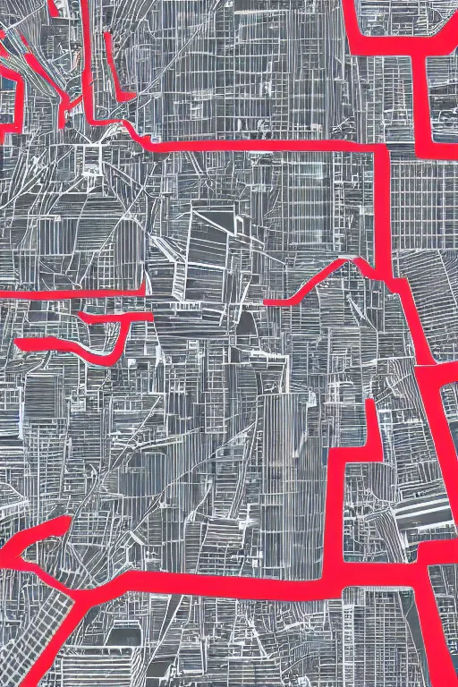Image similar to drone perspective, aerial view, top down, grid city streets and road, in the style of dr. woo, mostly monochromatic, thin line, hong kong, schematic, blueprint, drawing, black : 3 0 %, red : 2 0 %, grey : 5 0 %, background neutral