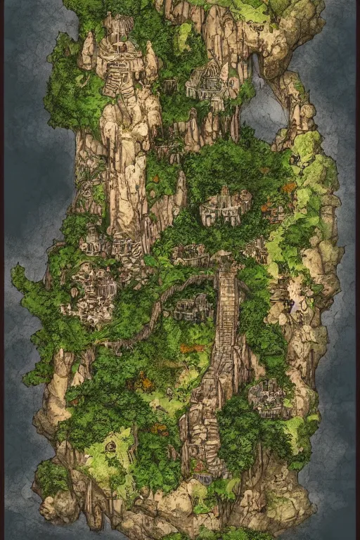 Prompt: a D&D fantasy tabletop game dungeon map with rooms, barracks, halls, with connecting caverns where at the end an ominous waterfall and pool reside, high quality, hd, realistic painting, by WOTC, Roll20, Wonderdraft, Inkarnate, Craig Mullins, Alan Lee, John Howe, trending on artstation