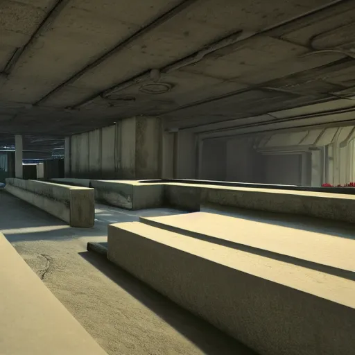 Prompt: screenshot of game on unreal engine 5, in a liminal underground garden, photorealistic, retrofuturism, brutalism, staggered terraces, minimalist, soft vintage glow