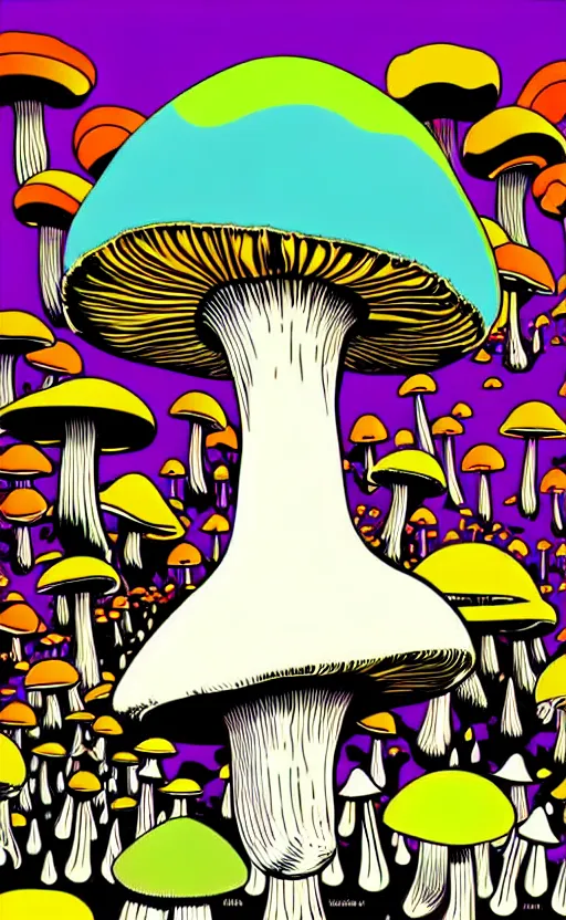 Prompt: psychedelic mushrooms wide angle shot, white background, vector art, illustration by frank frazetta and salvador dali