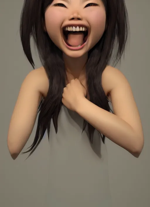 Prompt: a cute asian girl laughing, flowing hair, in the style of pixar animation, full body shot, viewed from bellow, award winning, hyper detailed, studio lighting, artstation, octane renderer, unreal engine