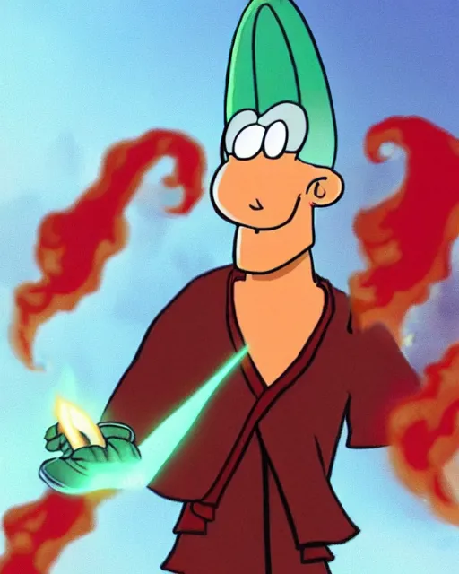 Image similar to squidward wearing fire nation clothing and practicing firebending