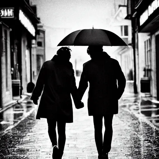 Image similar to A dramatic portrait of a couple wearing yellow rain coat , walking in a black and white street . Cinematic lighting