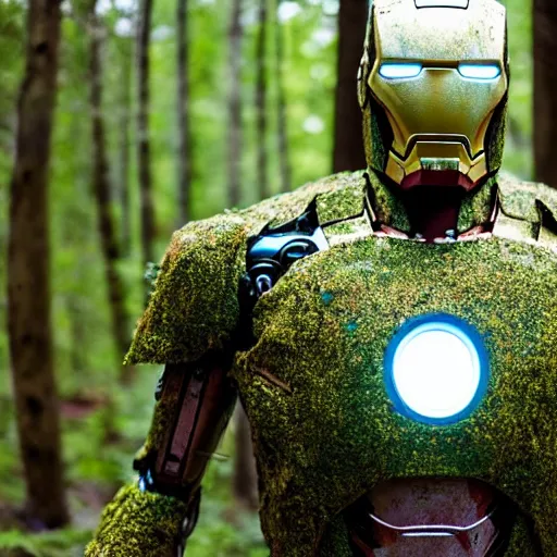 Image similar to abandoned iron man suit in the middle of the forest, overgrown by moss, 4k realistic photo