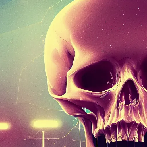 Image similar to portrait of a melting skull. intricate abstract. intricate artwork. by Tooth Wu, wlop, beeple, dan mumford. octane render, trending on artstation, greg rutkowski very coherent symmetrical artwork. cinematic, hyper realism, high detail, octane render, 8k, depth of field, bokeh. psychedelic accents