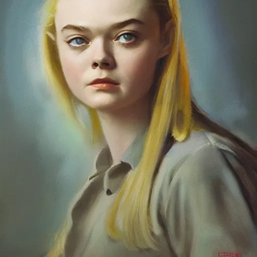 Image similar to ultra realistic medium shot portrait painting of elle fanning in prey, art by frank frazetta and michael sowa, 4 k, ultra realistic, highly detailed, epic lighting