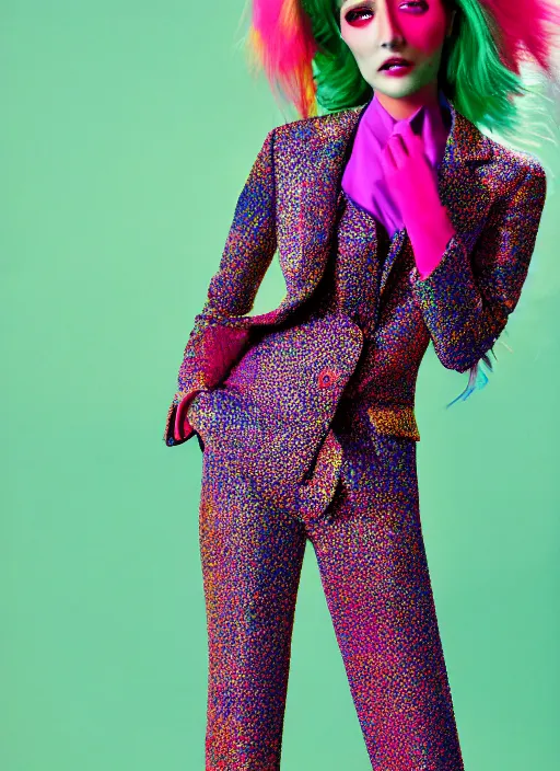 Image similar to trouser suit for a rave, bright colors, photo for a magazine, photo for a store, fashion photography, Vogue, 135 mm, cinematic, high detail, 8k, dynamic pose,Smooth skin, perfect face
