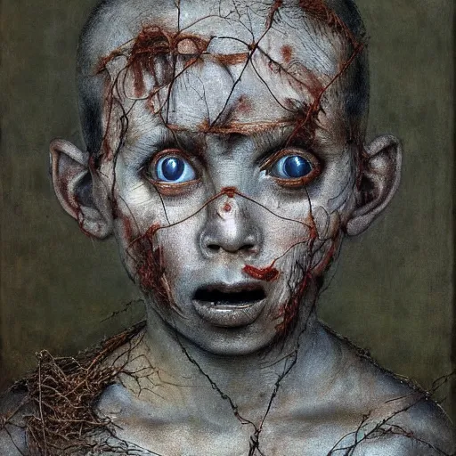 Image similar to a boy made of barbed wire looking into camera, screaming in pain, by giuseppe arcimboldo and ambrosius benson, renaissance, intricate and intense oil paint, a touch of beksinski and hr giger and edward munch, realistic