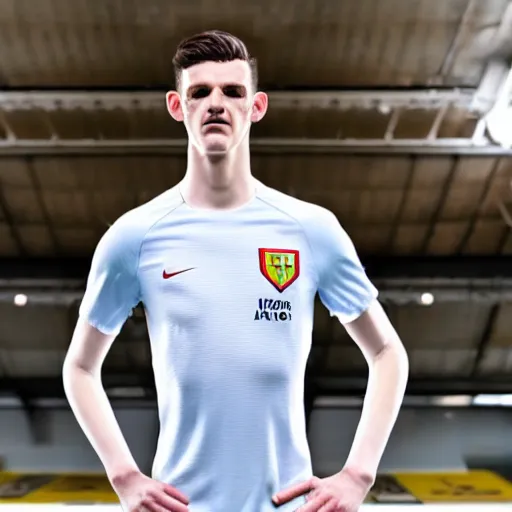 Image similar to a realistic detailed photo of a guy who is an attractive humanoid who is half robot and half humanoid, who is a male android, soccer player declan rice, shiny skin, posing like a statue, blank stare, by the pool, on display