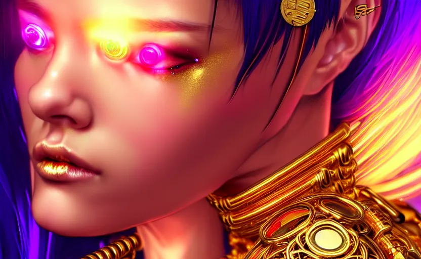 Image similar to hyperdetailed portrait of a stunningly beautiful cyberpunk cute model made of gold metals and shiny iridescent gems, bright rainbow nimbus, gold necklace, gold background inspired by ross tran and masamune shirow and kuvshinov, intricate, photorealistic, octane render, rtx, hdr, unreal engine, dnd digital art by artgerm