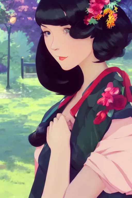 Prompt: portrait of a beautiful girl with dark hair dressed in 1940's fashion, park background, rich vivid colors, ambient lighting, dynamic lighting, 4k wallpaper, official media, anime key visual, makoto shinkai, ilya kuvshinov, lois van baarle, rossdraws, detailed, trending on artstation