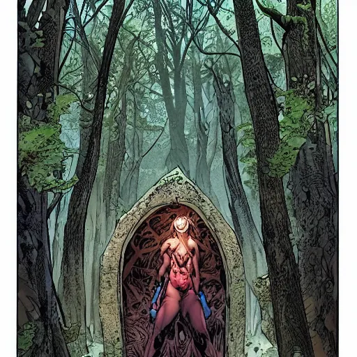 Image similar to a large gateway in the woods that opens to somewhere magical, highly detailed, smooth, sharp focus, bold colours, high contrast, graphic novel, art by ardian syaf and pepe larraz,