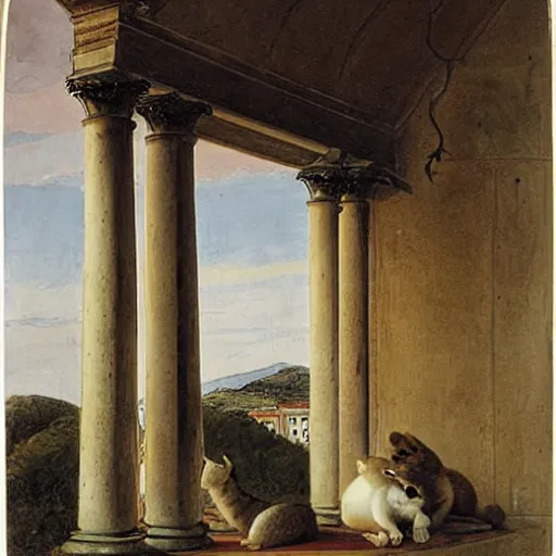 Prompt: a loggia from procida with a sleeping shiba inu by martinus rørbye, 1 8 3 5,