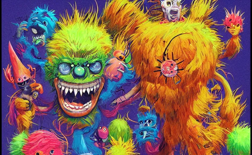 Image similar to a cinematic poster squad of tennis ball monsters, colorful, digital art, fantasy, magic, chalk, trending on artstation, ultra detailed, professional illustration by basil gogos