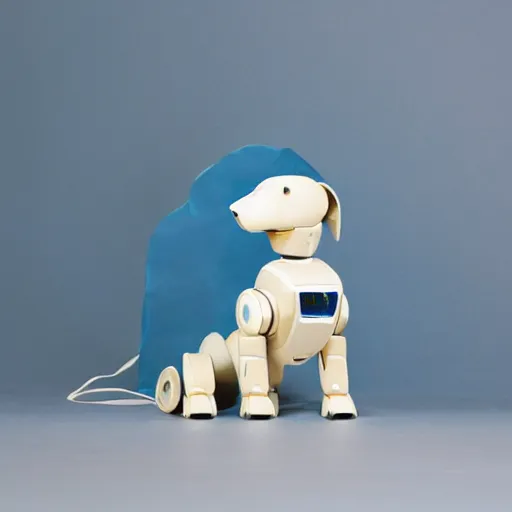 Prompt: young robot dog in a sunny oceanic landscape made of ivory and fabric, beautiful natural soft rim light intricate sapphire