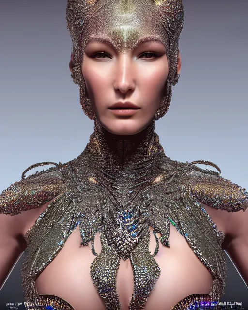 Image similar to a highly detailed metahuman 4 k close up render of an alien goddess bella hadid as alien in iris van herpen dress schiaparelli in diamonds crystals swarovski and jewelry iridescent in style of alphonse mucha gustav klimt trending on artstation made in unreal engine 4