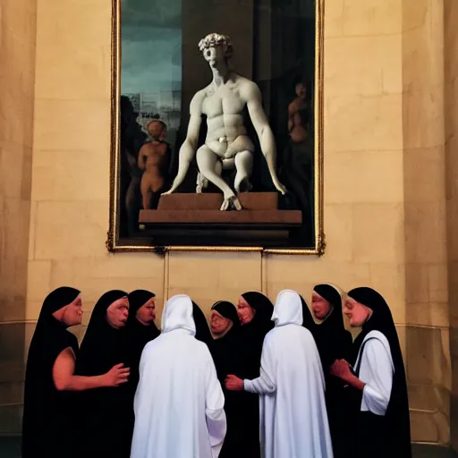 Prompt: photograph of a group of nuns taking a selfie in front of michelangelo ’ s david sculpture, hyper realistic, highly detailed