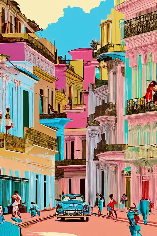 Prompt: cuba, illustration, in the style of katinka reinke