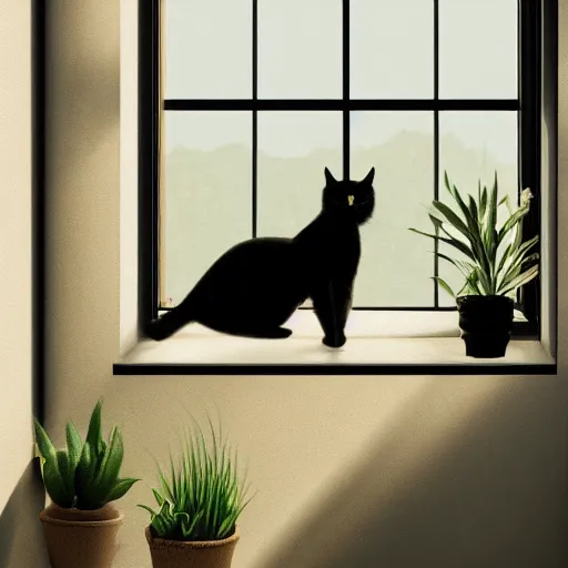 Image similar to peaceful dreamy painting of a content black cat sitting by a window, sunshine coming through the window, small plants on the window sill, 8k, hyper realism, trending on artstation, octane render