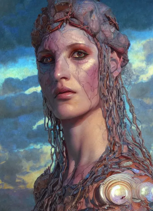 Prompt: biblical shy beautiful female druid android, heavy eyes to the side, closeup, bright glowing veins, in clouds, sunset, portrait, by gerald brom, by mikhail vrubel, by peter elson, muted colors, extreme detail, reflections, trending on artstation, 8 k