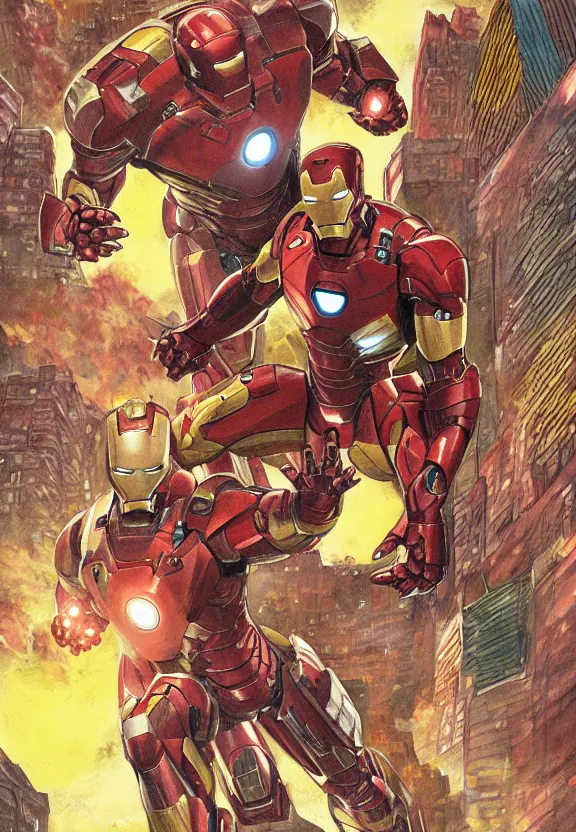 Image similar to iron man fighting a giant kaiju, comic book style illustration