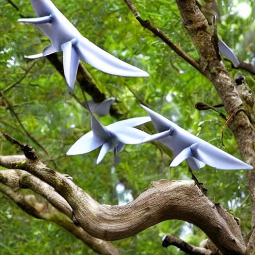 Prompt: a flock of pterodon sitting in a tree