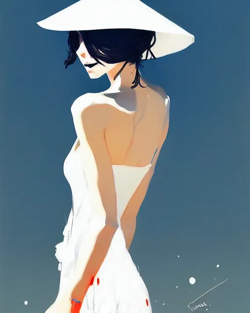 Image similar to a ultradetailed beautiful painting of a stylish woman wearing a white dress with a sun hat, by conrad roset, greg rutkowski and makoto shinkai trending on artstation