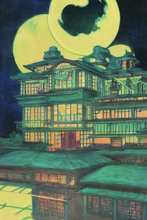 Prompt: vintage anime 70s comic book watercolor, cinematic aerial view of decorated surrealist hanging Mansion at night by Edward Hopper and Claude Monet, Mansion hanging gardens lit by floating shoji lamps, Japanese 1920s maximalist art deco hanging Mansion backyard design by Katsuhiro Otomo, the moon reflects in the water, the moon casts long exaggerated shadows, blue hour, hyper-detailed 70s watercolor by Syd Mead and by Jean Giraud, aerial view