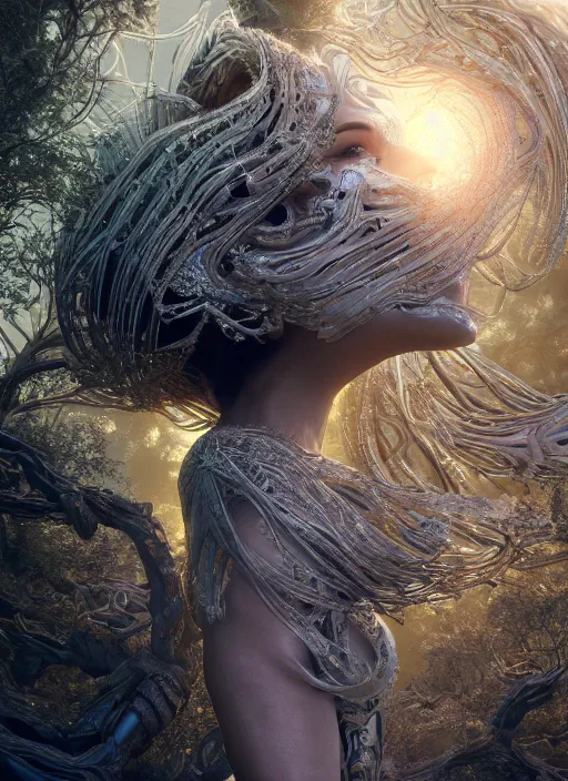 Image similar to beauteous sumptuous biomechanical incredible hair, crystalline masterpiece incrustations, hyperdetailed face, elegant pose, movie still, intricate, octane render, cinematic technology forest lighting, fractaltrees, cgsociety, unreal engine, crepuscular rays, god rays