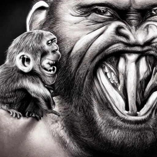 Image similar to Chimera of Joe Rogan and a monkey talking into a microphone, single subject, portrait, intricate, highly detailed, concept art, smooth, sharp focus