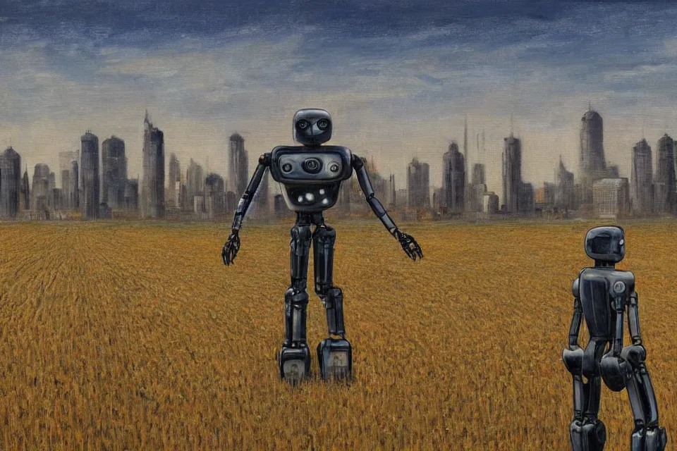 Image similar to sci-fi painting of a large alien city on the vast wheat fields, the closed back view of one humanoid robot on the ground, godrays, detailed