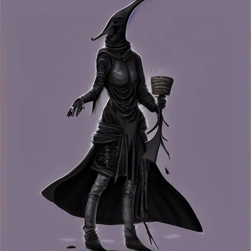 Image similar to female plague doctor donning a black hood, steel armor and a white crow mask, trending on artstation