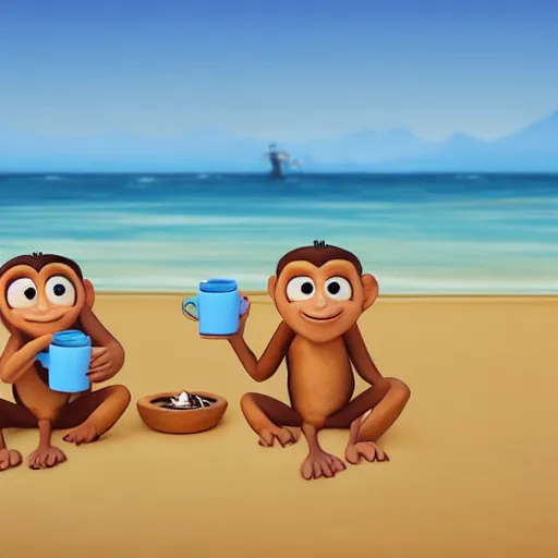 Image similar to two monkeys on the beach drinking coffee, pixar style