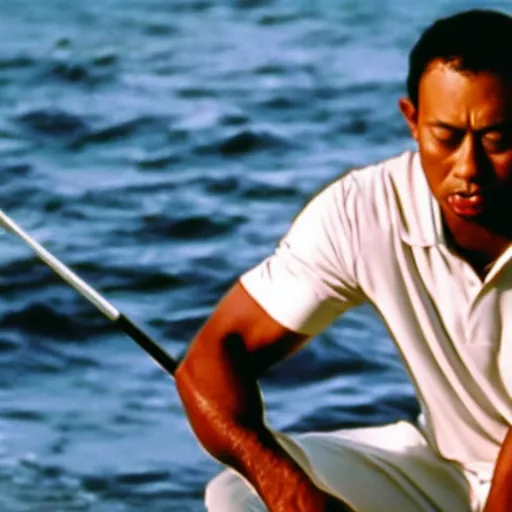 Image similar to a close up cinematic film still of tiger woods in the jaws