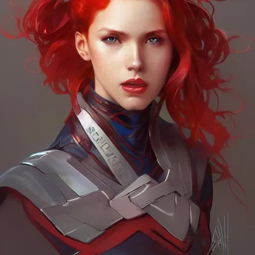 Image similar to a cool red - bun - haired girl. she is dressed as a superhero. clean elegant painting, beautiful detailed face. by artgerm and greg rutkowski and alphonse mucha