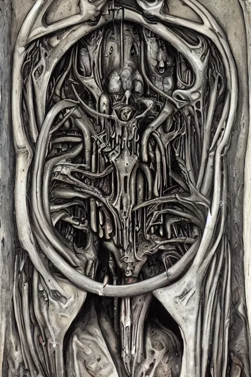 Image similar to the great door of hell, intrincate details, flesh and blood, painted by h. r. giger