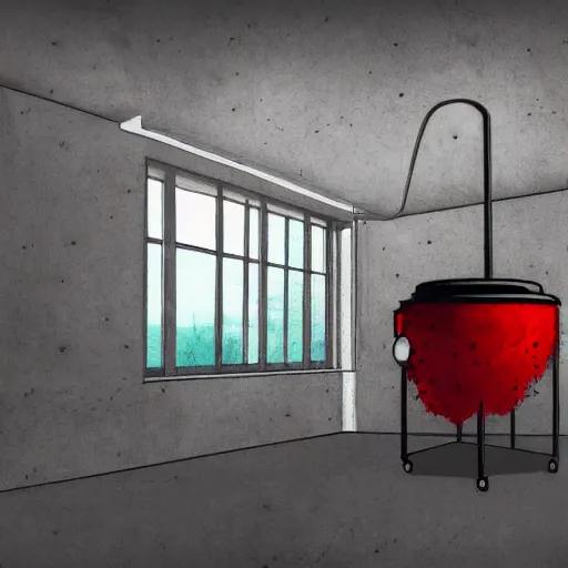 Prompt: the misery engine spools up in a sterile concrete observation room, a red smoke is pooling at the ceiling of the room, digital art, concept art, thick brush