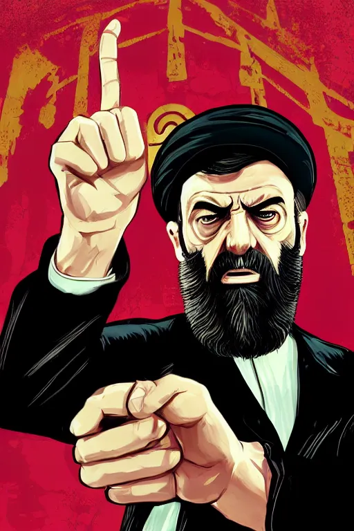 Image similar to angry ali khamenei, with pointing finger, delete duplicating content, parallel content, hyperrealistic anatomy body content, violet polsangi pop art, gta chinatown wars art style, extreme quality masterpiece, bioshock infinite art style, incrinate, 2 color, white frame, content balance proportion