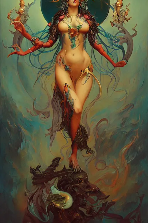 Image similar to Kali goddess of death by Peter Mohrbacher in the style of Gaston Bussière, Art Nouveau