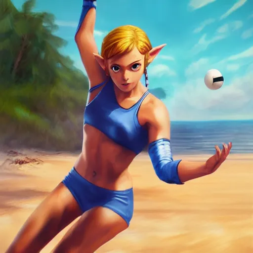 Image similar to a hyper real comic book style portait painting of zelda on the beach playing volleyball, unreal 5, hyperrealistic, octane render, cosplay, rpg portrait, dynamic lighting