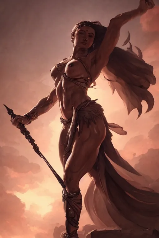 Image similar to goddess of war, accurate anatomy, muscular body, only two hands, highly detailed, digital painting, artstation, concept art, smooth, sharp focus, illustration, Unreal Engine 5, 8K, art by artgerm and greg rutkowski and edgar maxence